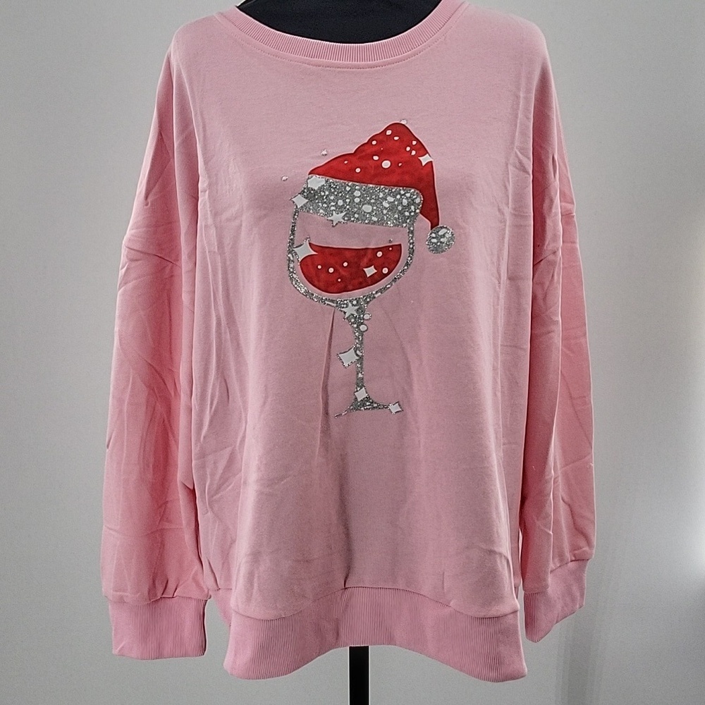 Pink Santa Wine Glass Sweatshirt New - Picture 13 of 15